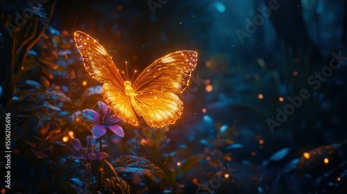 Golden butterfly perched on a flower surrounded by glowing particles at dusk in a serene garden