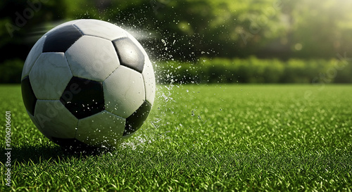 soccer ball on a wet lawn