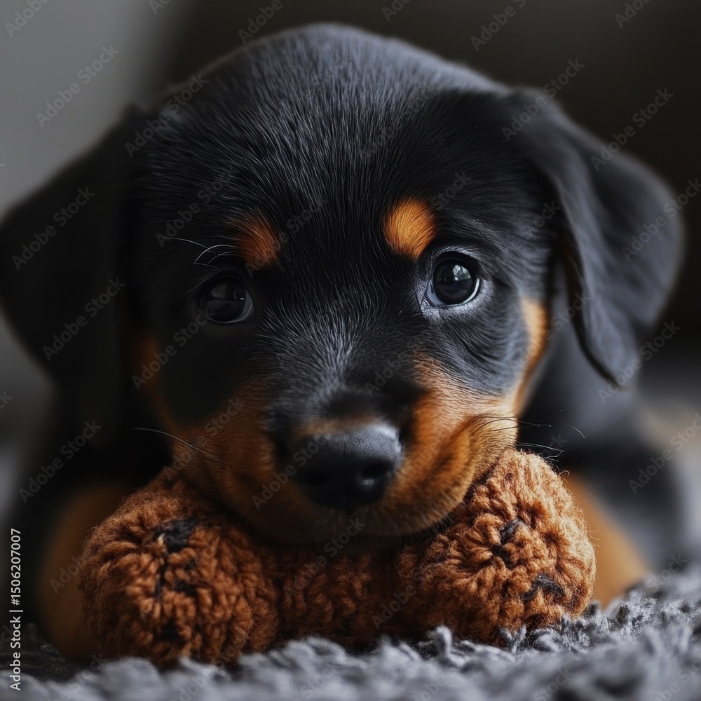 Fototapeta premium Adorable Rottweiler puppy resting with toy on cozy blanket