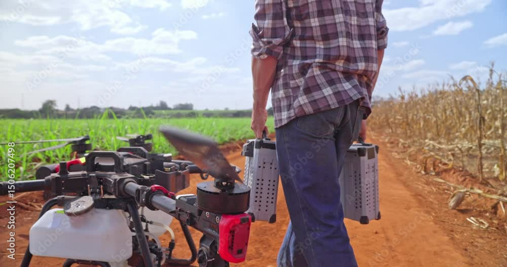 Farmer equipping an agricultural drone to spray farm crops. Farmer equipping an agricultural drone to spray farm crops.
