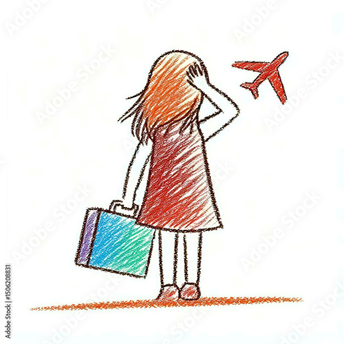 Young woman waving goodbye while holding suitcase with airplane above