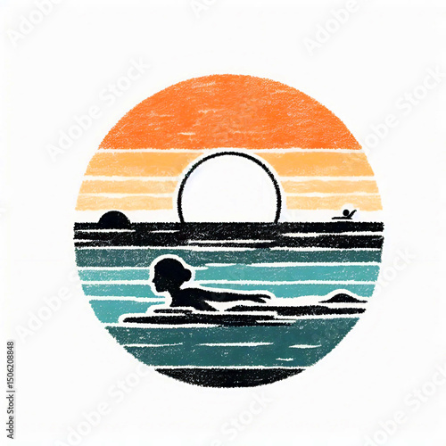 Swimmer gliding through waves during sunset with circular background 
