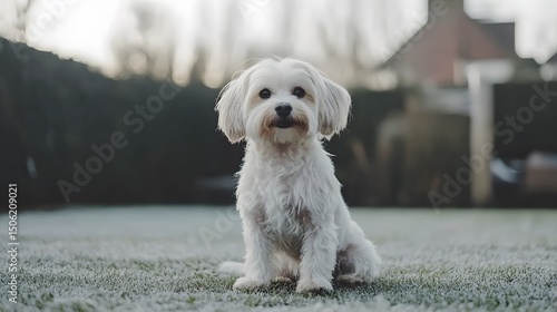 Adorable Fluffy White Dog Sitting on Frosty Grass