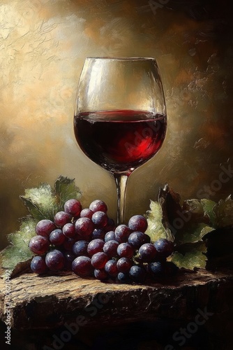 Wallpaper Mural Glass of red wine placed on a rustic wooden surface with bunches of dark grapes and green leaves under warm, textured lighting Torontodigital.ca