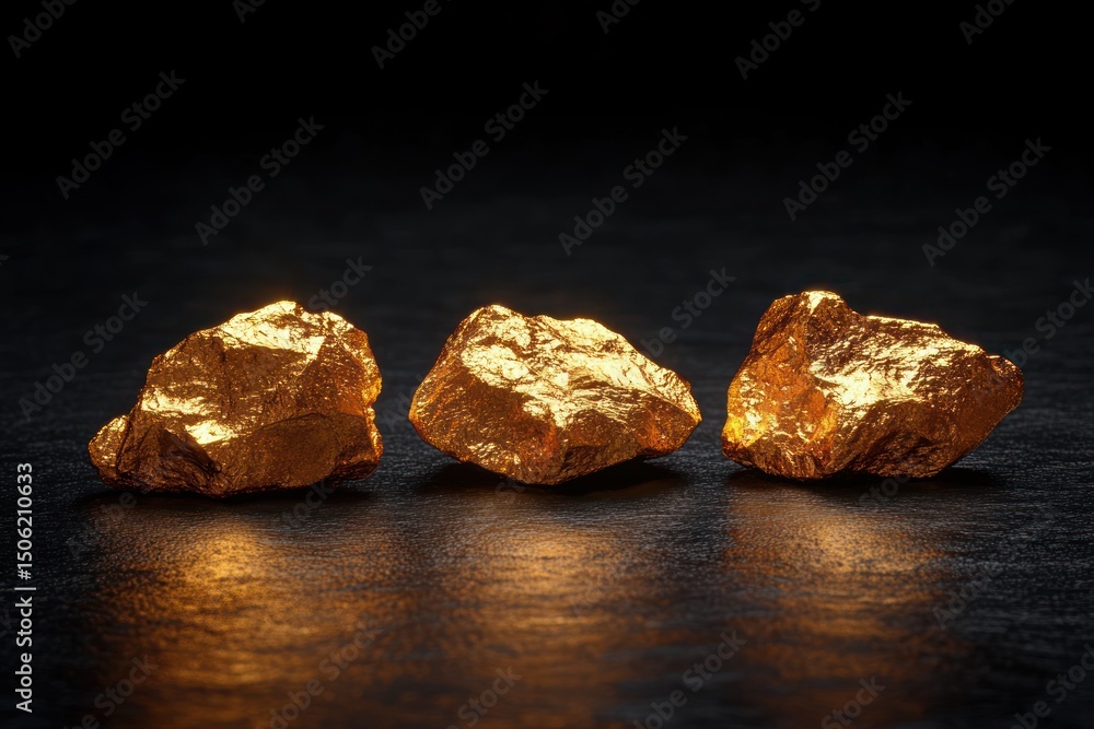 Naklejka premium Three shiny rough golden nuggets glowing softly against a dark textured surface creating a warm reflective effect