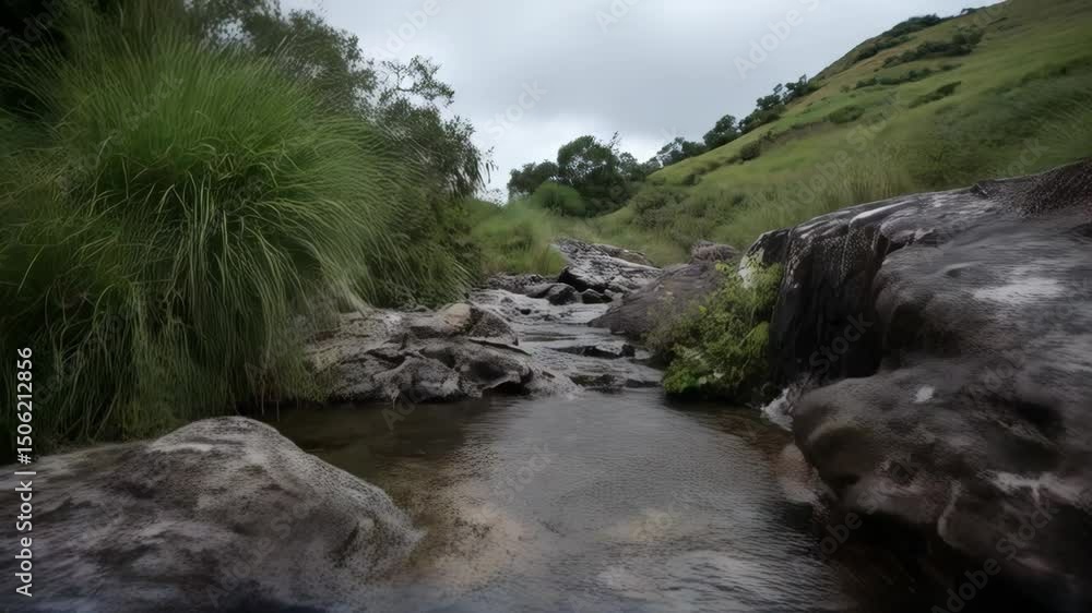 Gentle stream cascades down rocky slope on overcast day surrounded by green grasses and small trees in natural environment. Gentle stream cascades down rocky slope on overcast day surrounded by green grasses and small trees in natural environment.