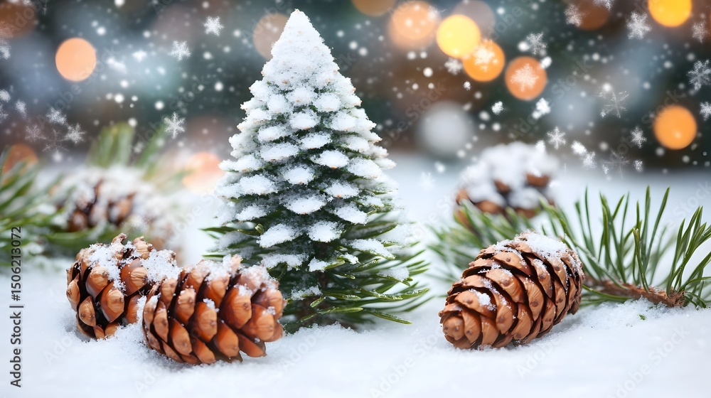 Snowy Christmas Tree with Pine Cones Winter Holiday Scene Snowy Christmas Tree with Pine Cones Winter Holiday Scene