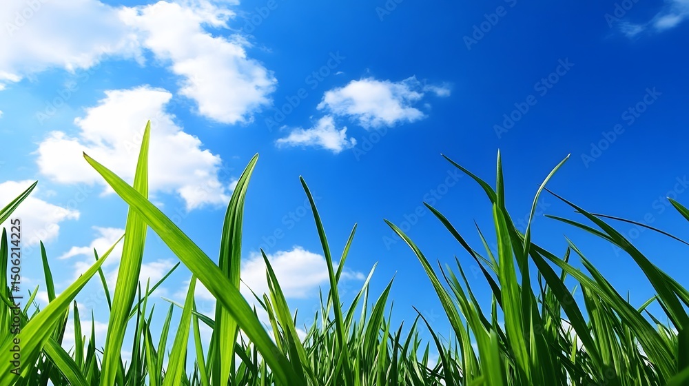 Fototapeta premium Vibrant Green Grass Blades Under Blue Sky with Fluffy Clouds