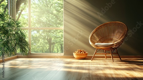 Peaceful, sunlit interior room with wicker chair.