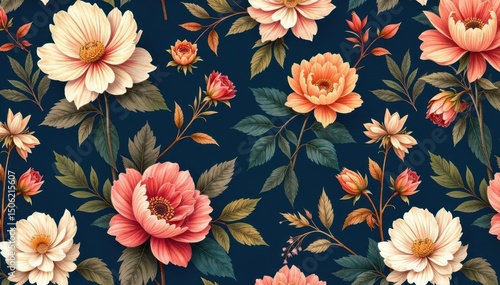 Elegant floral motifs create a sophisticated, repeating pattern ideal for interior decor , textile, seamless