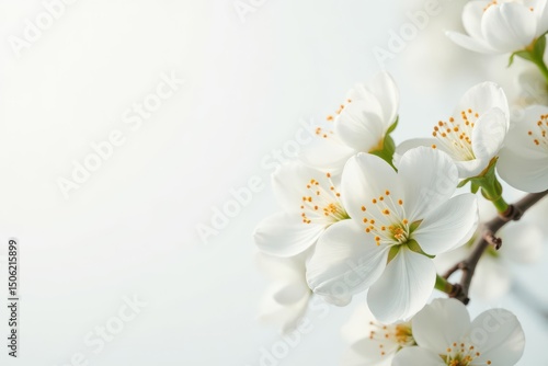 Delicate white blossoms against pure white backdrop, macro photography, closeup, serene