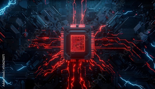 Futuristic photonic microchip glowing in dark setting