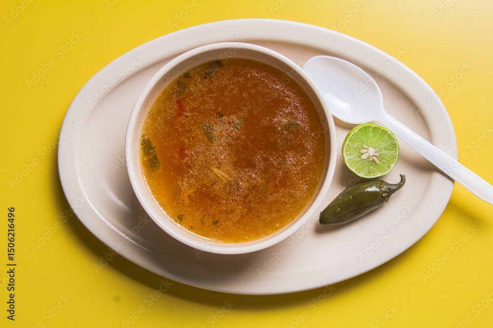 A comforting bowl of warm broth soup garnished with fresh herbs, a slice of lime, and a green chili pepper, representing warmth and homely flavors in every sip. A comforting bowl of warm broth soup garnished with fresh herbs, a slice of lime, and a green chili pepper, representing warmth and homely flavors in every sip.