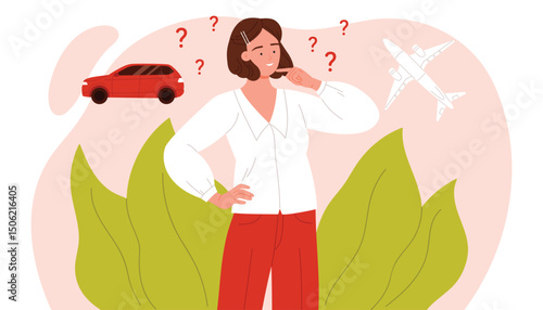Confused woman deciding between car and airplane for transportation, surrounded by question marks, perfect for travel decision, planning, or comparison concepts vector illustration