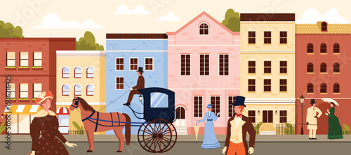 Victorian city street of 18th or 19th century with walking people and horse carriage. Lady with umbrella and gentleman in bowler hat walking along road with old buildings cartoon vector illustration