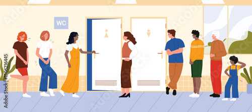 Queue for public toilet, people waiting at WC door. Female and male characters crowd standing in row in restroom corridor to wait, young woman holding belly in pain cartoon vector illustration