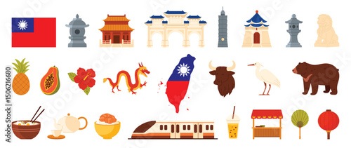 Taiwan travel landmarks set, tourist attractions and Taiwanese culture elements, food of country. Confucius Temple and Liberty Square Arch, Taipei Tower, Fu dog stone lion cartoon vector illustration