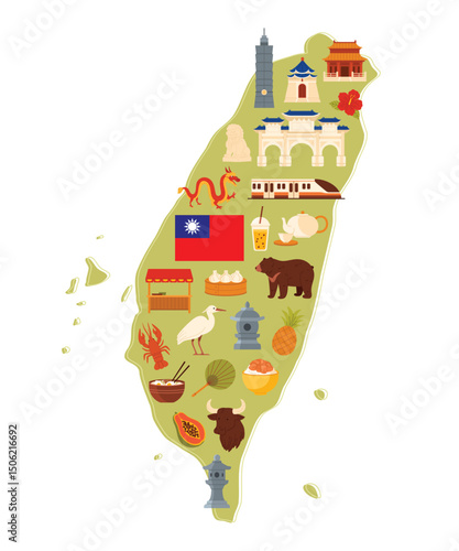 Travel to Taiwan set, culture and landmarks, food and city buildings on infographic country map. Traditional and modern architecture, natural places of Taiwanese tour cartoon vector illustration