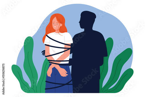 Codependent unhealthy relationships in couples and family, love addiction to another person, personality problem. Sad girl tied with rope standing by shadow of man lover cartoon vector illustration