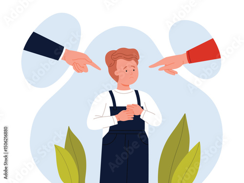 Parental punishment, critics and psychological pressure, abuse and conflict. Fathers and mothers fingers point at child to punish, scold for bad behavior and discipline cartoon vector illustration