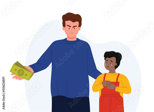 Man holding money next to crying child, highlighting human trafficking issues. Isolated on white background, emphasizing the serious theme of exploitation in vector illustration