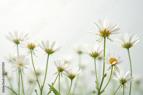 Delicate white wildflowers on pure white background, close-up, subtle
