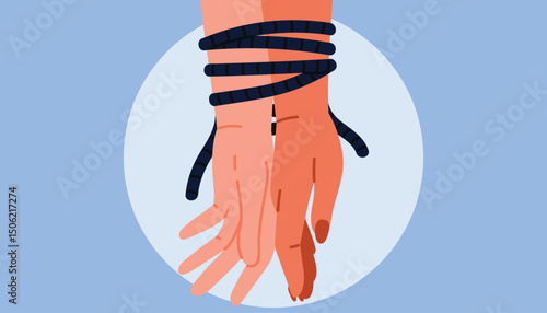 Toxic relationship and codependency, addiction problem in couple, psychological manipulation and control. Two hands of husband and wife tied together by ropes in spotlight cartoon vector illustration