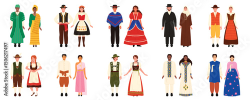 People in traditional costumes of different countries set. Man and woman in ethnic folk dress of Nigeria, Romania, Mexico, Germany, Thailand, Austria, Ethiopia, South Korea cartoon vector illustration