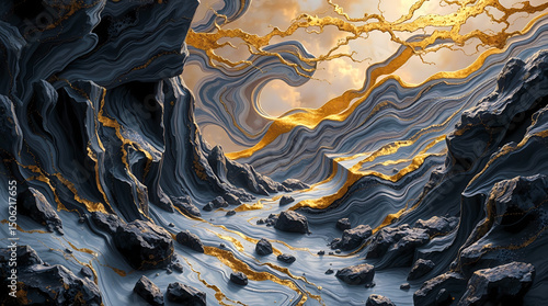 Marbleous Wonder - Stunning Surreal Canyon Landscape With Flowing Gold-Veined Marble River, Rocks, And Dramatic Sky.