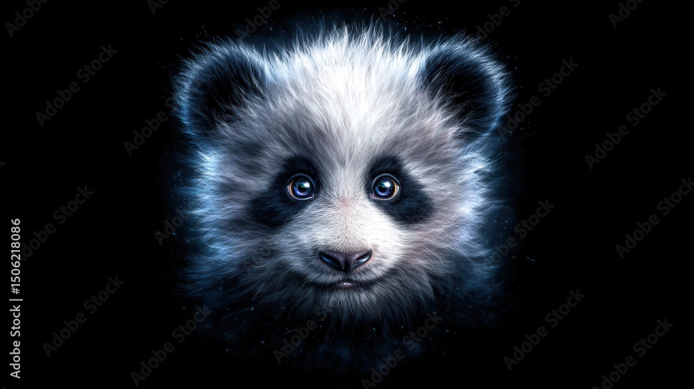 Fototapeta premium Cute panda cub face, glowing effect