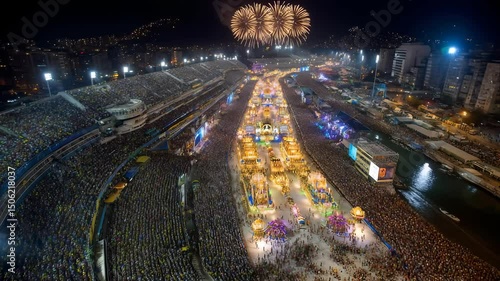 A high-angle view of a vibrant Carnival celebration at night, filled with dazzling floats and crowds.