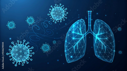 Futuristic covid-19 coronavirus caused viral pneumonia web banner with glowing low polygonal human lungs and viruses on dark blue background. Modern wire frame mesh design vector illustration.