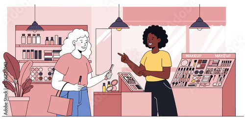 Woman with albinism buying makeup in a store with a dark-skinned saleswoman advising her