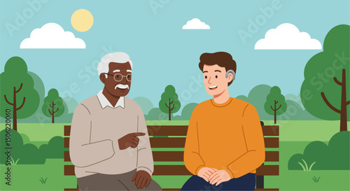 Older brown-skinned person sharing a story with a light-skinned young man who has cochlear implants