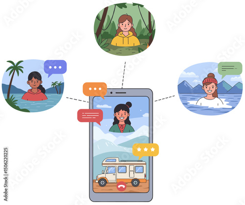 Phone with video call windows with diverse people smiling, representing remote connections around the world