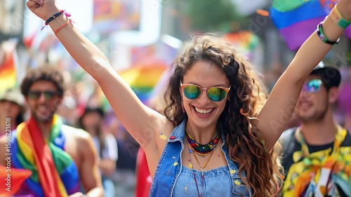 Joyful celebration at a pride parade.  A diverse group of people, arms raised high, expressing happiness and unity.  Rainbow flags abound