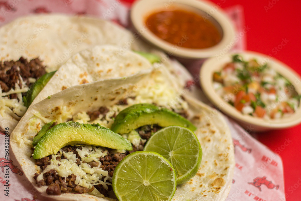 An enticing display of beef tacos filled with fresh ingredients like avocado and topped with salsa, creating a mouthwatering representation of authentic Mexican cuisine. An enticing display of beef tacos filled with fresh ingredients like avocado and topped with salsa, creating a mouthwatering representation of authentic Mexican cuisine.