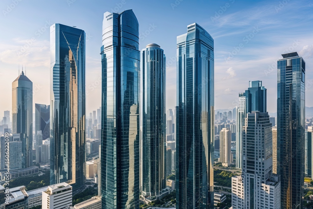 Obraz premium Shimmering High-Rise Executive Workplaces in a Bustling Skyline