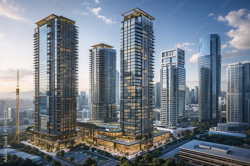 Obraz premium Innovative High-Rises Showcasing Modern Architecture in Financial Hub