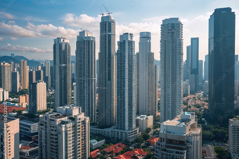 Fototapeta premium Clusters of High-Rise Structures in a Thriving City Life