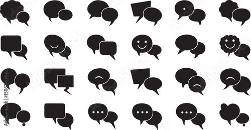Collection of various speech bubble icons with facial expressions and communication symbols. Each bubble features playful faces or chatting gestures, perfect for illustrating social interactions
