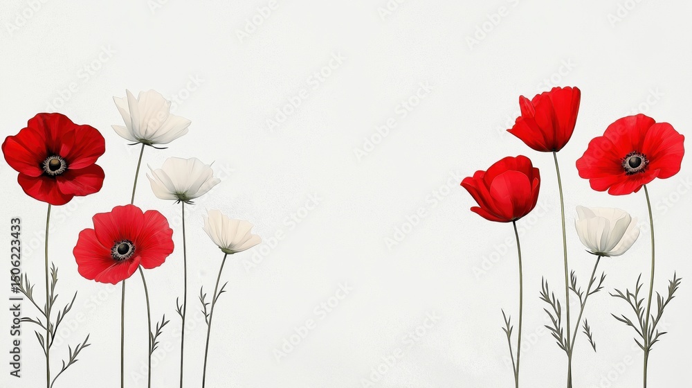 Obraz premium Elegant watercolor floral background with red and white flowers featuring ample copy space