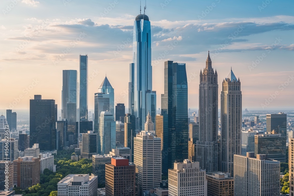 Naklejka premium Panoramic Urban Skyline with Skyscrapers and Office Towers
