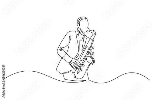 Continuous one line drawing of Young male saxophonist. Single line drawing illustration of musician playing the saxophone. Poster for music event concept vector art. Doodle line illustration.
