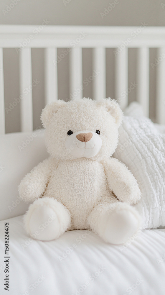 Cream-colored plush teddy bear resting on a white bed in a softly lit baby’s room, featuring a blurred background and cream tones with blank space for caption on the side.
Cream-colored plush teddy bear resting on a white bed in a softly lit baby’s room, featuring a blurred background and cream tones with blank space for caption on the side.