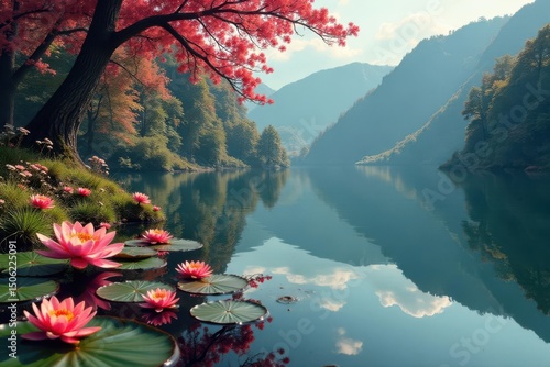 Intricate floral design reflected on calm lake surface, flower, print