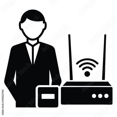 IT Technician element isolated router and modem setup on white background