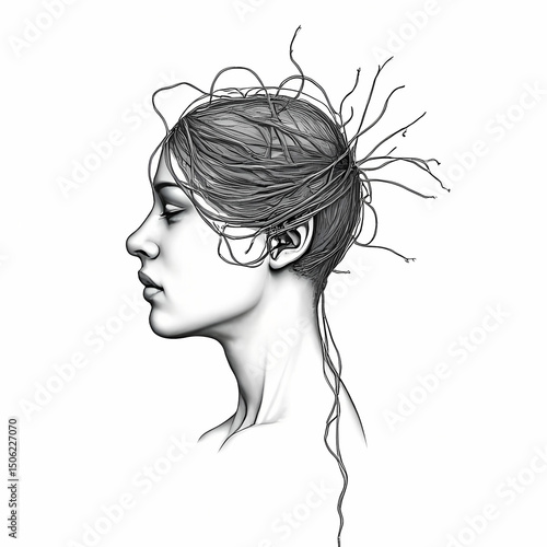 Visual Metaphor of Anxiety: Messy Threads on Human Head

