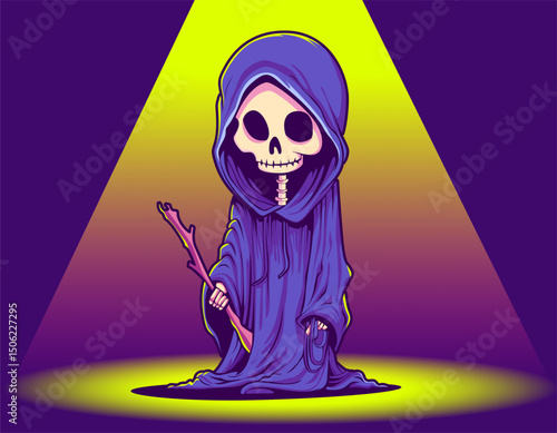 Cute Grim Reaper Cartoon Character. Grim reaper death Halloween symbol. Halloween Skeleton in mantle on bright background. Spooky and horror Element design for banner, poster, flyer. Grim in robe