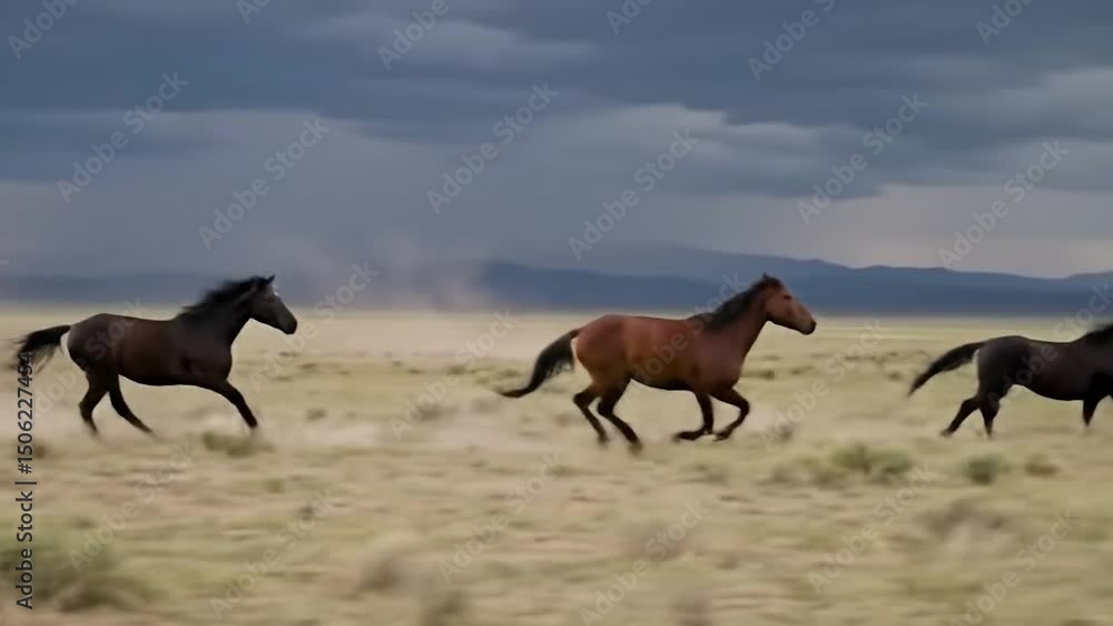 Wild Horses Galloping Across Plains Under Dramatic Stormy Sky in Video Wild Horses Galloping Across Plains Under Dramatic Stormy Sky in Video
